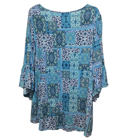 Avenue Boho Patchwork Bell Sleeve Tunic Top Blue Print Size 20 - Picture 2 of 8
